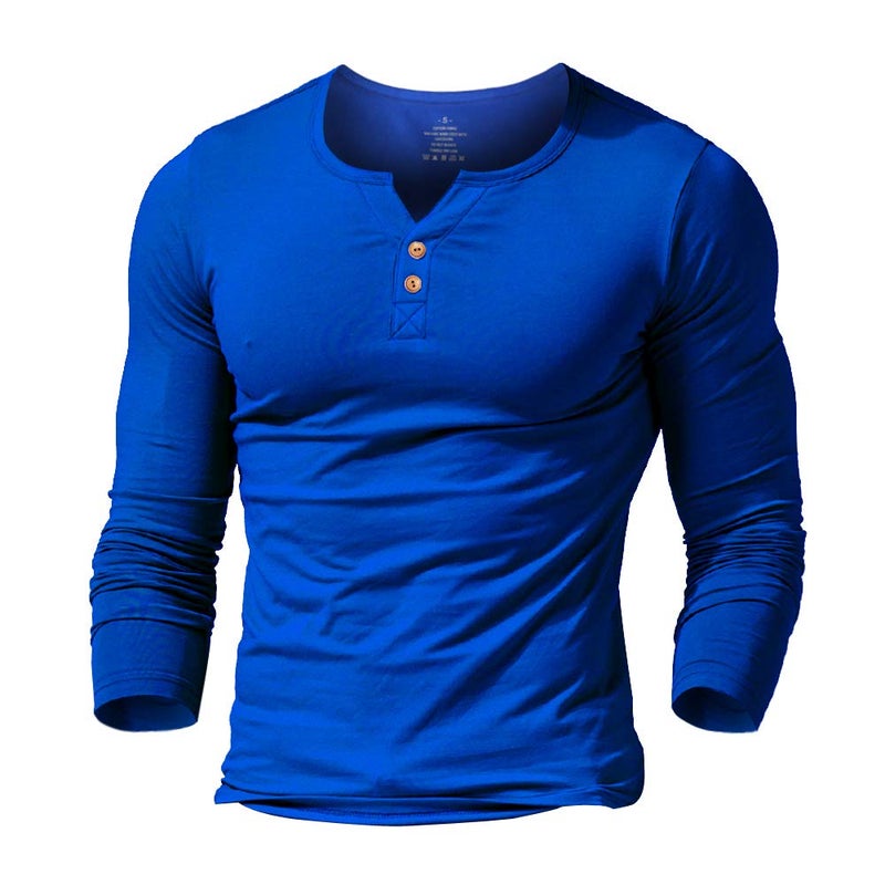 palglg Mens Long Sleeve Muscle Slim Fitted Cotton Henley T-Shirt with Buttons Blue M - Image 1